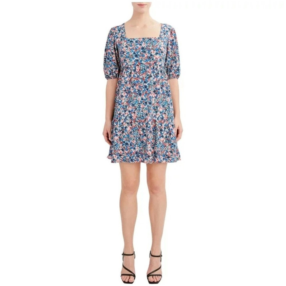 BCBG Paris‎ Floral Chiffon Square Neck Dress Puff Sleeve Tiered Ruffle Hem Small